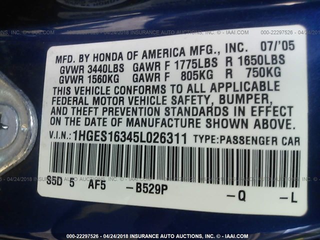 1HGES16345L026311 - 2005 HONDA CIVIC DX VP Mavi foto 9