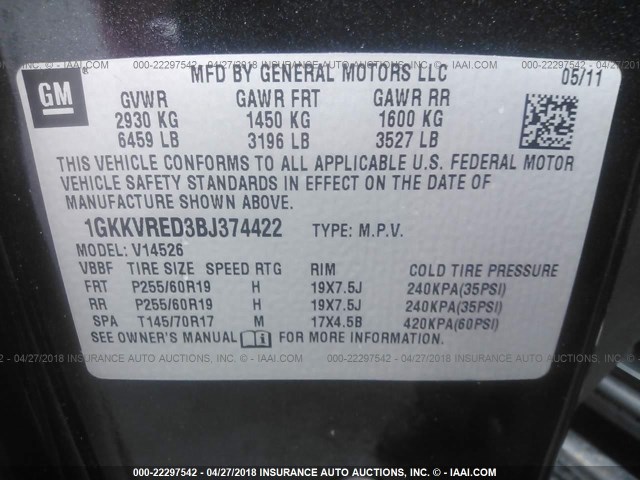 1GKKVRED3BJ374422 - 2011 GMC ACADIA SLT-1 Чорний фото 9