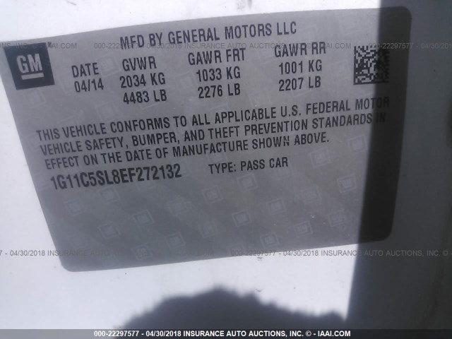 1G11C5SL8EF272132 - 2014 CHEVROLET MALIBU 1LT WHITE photo 9