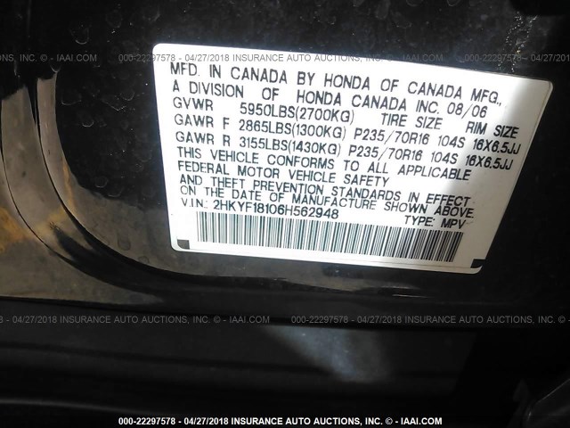 2HKYF18106H562948 - 2006 HONDA PILOT LX BLACK photo 9