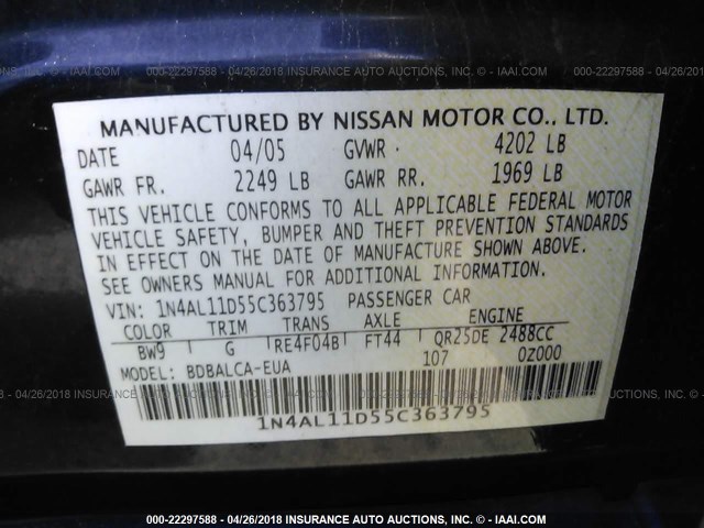 1N4AL11D55C363795 - 2005 NISSAN ALTIMA S/SL BLUE photo 9