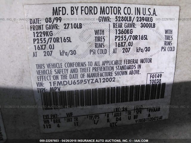 1FMDU65P5YZA12002 - 2000 FORD EXPLORER LIMITED 白色 照片 9