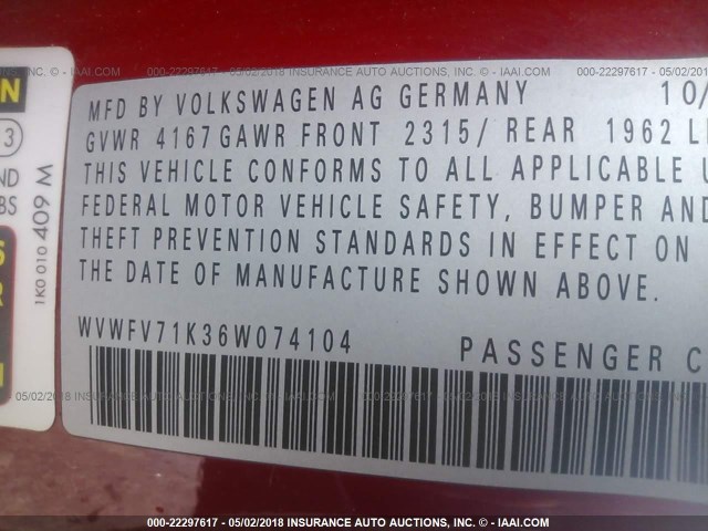 WVWFV71K36W074104 - 2006 VOLKSWAGEN NEW GTI RED photo 9