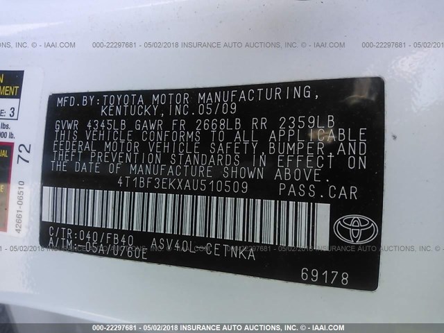 4T1BF3EKXAU510509 - 2010 TOYOTA CAMRY SE/LE/XLE WHITE photo 9