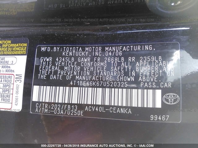 4T1BE46K67U520325 - 2007 TOYOTA CAMRY NEW GENERAT CE/LE/XLE/SE BLACK photo 9