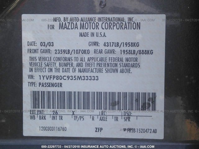 1YVFP80C935M33333 - 2003 MAZDA 6 I GRAY photo 9