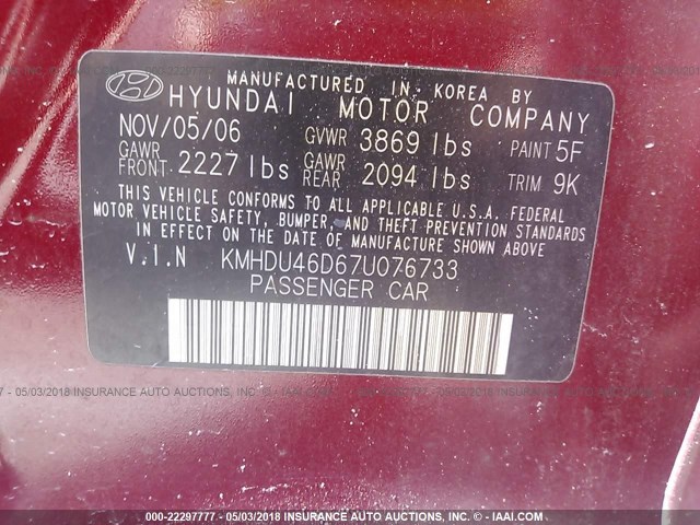 KMHDU46D67U076733 - 2007 HYUNDAI ELANTRA GLS/SE/LIMITED RED photo 9