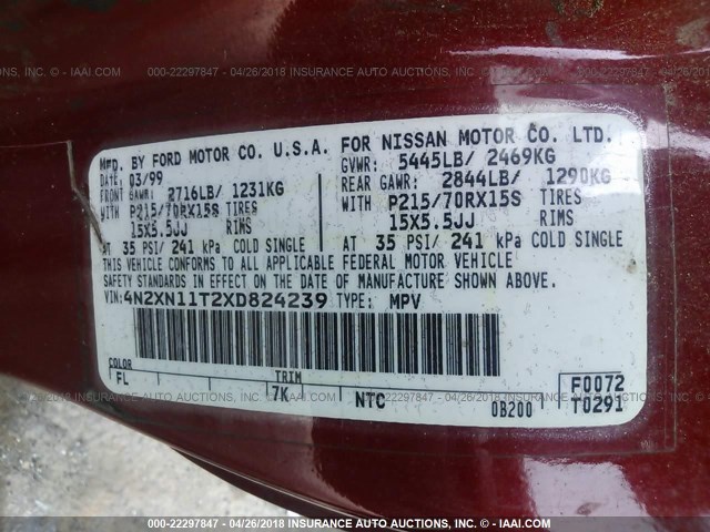 4N2XN11T2XD824239 - 1999 NISSAN QUEST SE/GLE/GXE RED photo 9