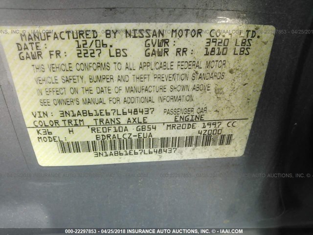 3N1AB61E67L648437 - 2007 NISSAN SENTRA 2.0/2.0S/2.0SL SILVER photo 9