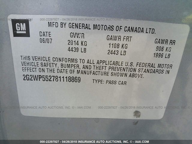 2G2WP552781118869 - 2008 PONTIAC GRAND PRIX GRAY photo 9