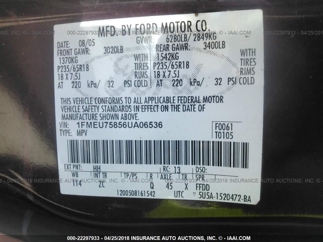 1FMEU75856UA06536 - 2006 FORD EXPLORER LIMITED 勃艮第红 照片 9