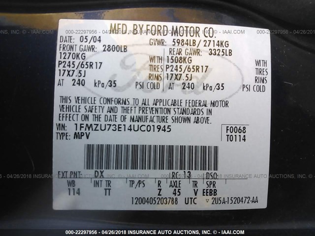 1FMZU73E14UC01945 - 2004 FORD EXPLORER XLT/XLT SPORT/NBX 蓝色 照片 9