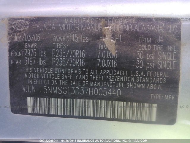 5NMSG13D37H005440 - 2007 HYUNDAI SANTA FE GLS Light Blue photo 9