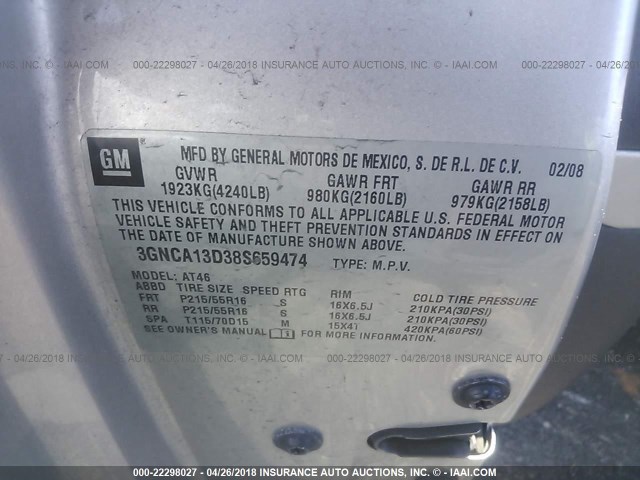 3GNCA13D38S659474 - 2008 CHEVROLET HHR LS SILVER photo 9