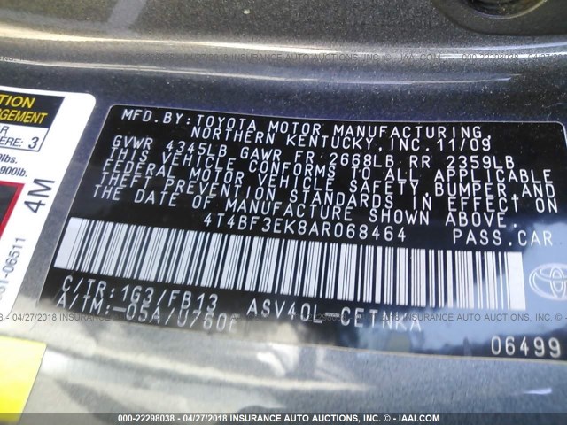 4T4BF3EK8AR068464 - 2010 TOYOTA CAMRY SE/LE/XLE GRAY photo 9