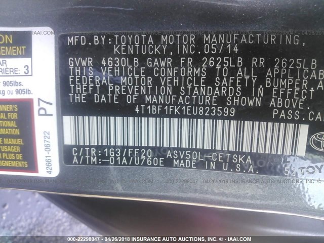 4T1BF1FK1EU823599 - 2014 TOYOTA CAMRY L/SE/LE/XLE 灰色 照片 9