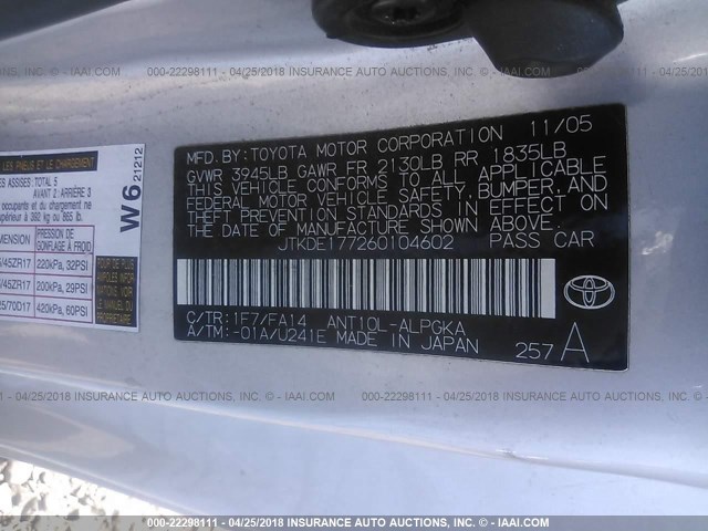 JTKDE177260104602 - 2006 TOYOTA SCION TC 银色 照片 9