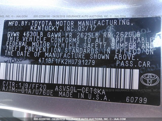 4T1BF1FK2HU791279 - 2017 TOYOTA CAMRY LE/XLE/SE/XSE SILVER photo 9