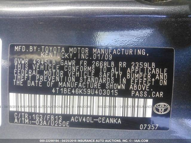 4T1BE46K59U403015 - 2009 TOYOTA CAMRY SE/LE/XLE SILVER photo 9