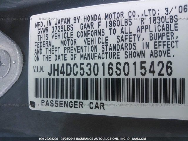 JH4DC53016S015426 - 2006 ACURA RSX TYPE-S GRAY photo 9