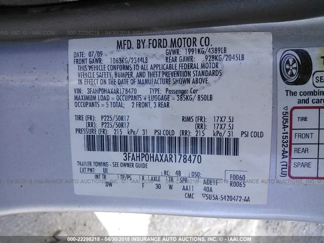 3FAHP0HAXAR178470 - 2010 FORD FUSION SE SILVER photo 9