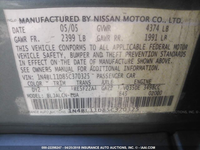 1N4BL11D85C370325 - 2005 NISSAN ALTIMA SE/SL/SE-R GREEN photo 9