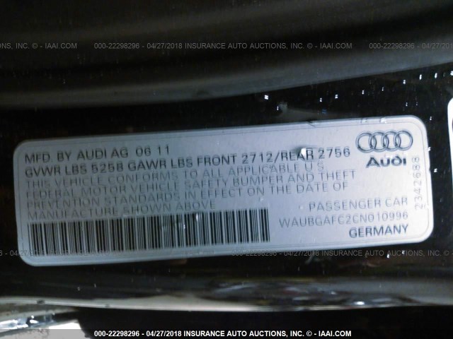 WAUBGAFC2CN010996 - 2012 AUDI A6 PREMIUM BLACK photo 9