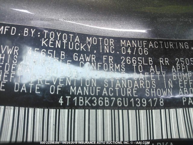 4T1BK36B76U139178 - 2006 TOYOTA AVALON XL/XLS/TOURING/LIMITED GRAY photo 9