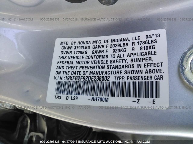 19XFB2F92DE238502 - 2013 HONDA CIVIC EXL SILVER photo 9