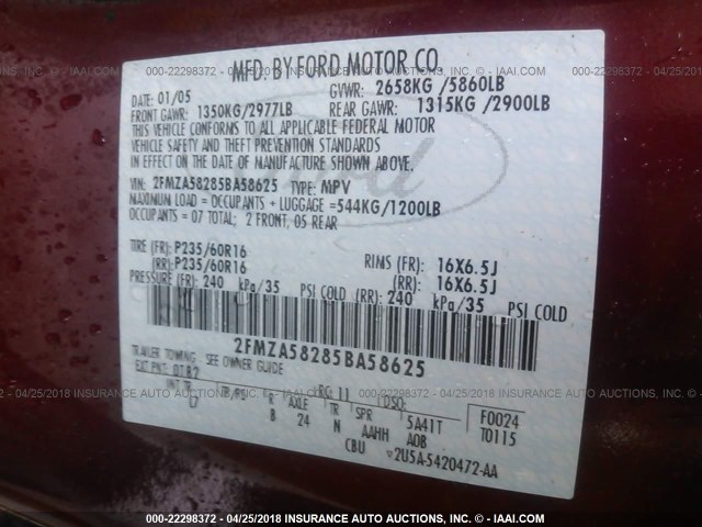 2FMZA58285BA58625 - 2005 FORD FREESTAR LIMITED RED photo 9