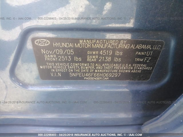 5NPEU46F66H069297 - 2006 HYUNDAI SONATA GLS/LX BLUE photo 9