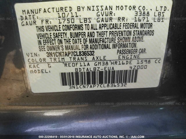 3N1CN7AP7CL836532 - 2012 NISSAN VERSA S/SV/SL GRAY photo 9