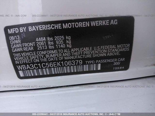 WBA3C1C56EK106379 - 2014 BMW 328 I SULEV WHITE photo 9
