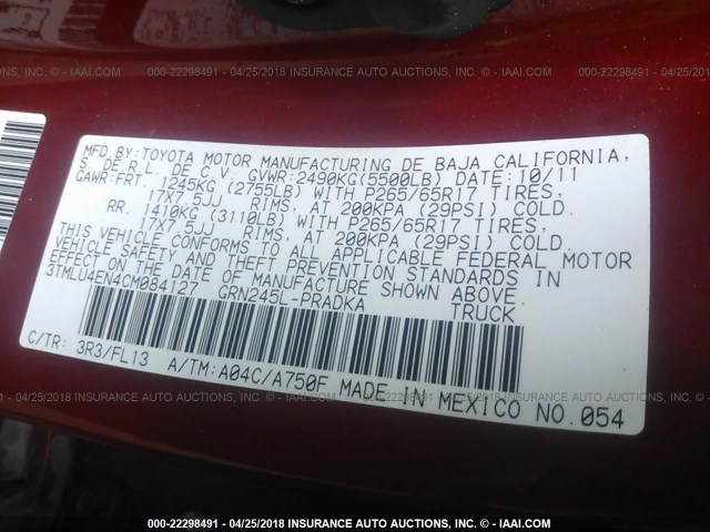 3TMLU4EN4CM084127 - 2012 TOYOTA TACOMA DOUBLE CAB წითელი ფოტო 9