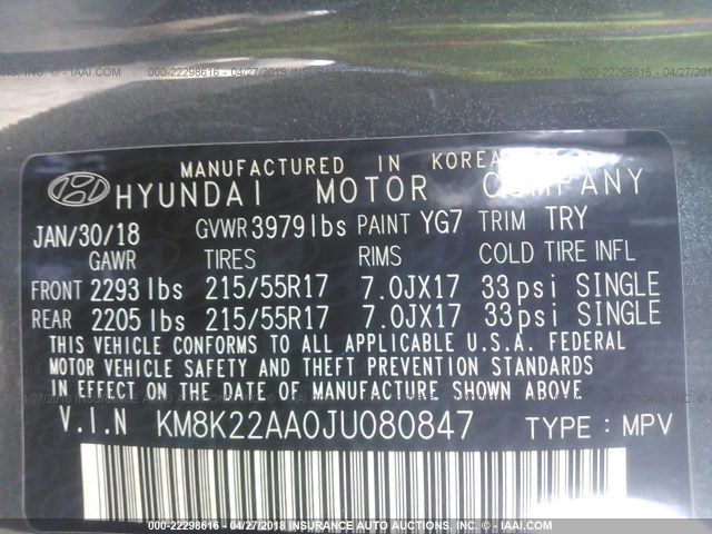 KM8K22AA0JU080847 - 2018 HYUNDAI KONA SEL GRAY photo 9