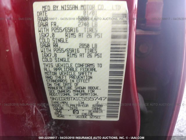 5N1ED28TX1C555747 - 2001 NISSAN XTERRA XE/SE RED photo 9