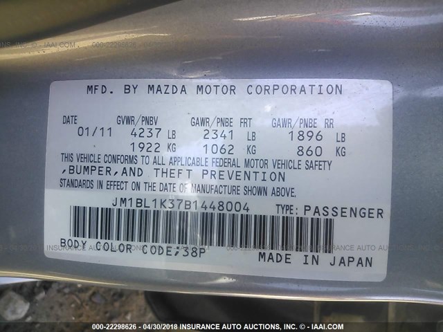 JM1BL1K37B1448004 - 2011 MAZDA SPEED 3 SILVER photo 9
