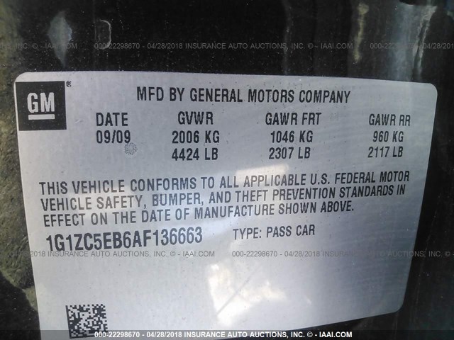 1G1ZC5EB6AF136663 - 2010 CHEVROLET MALIBU 1LT 黑色 照片 9