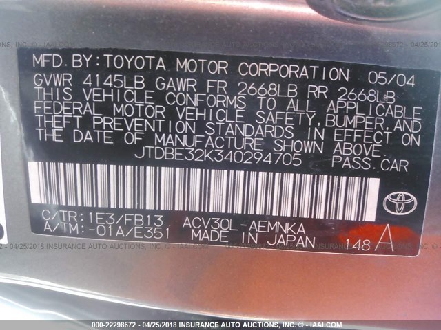 JTDBE32K340294705 - 2004 TOYOTA CAMRY LE/XLE GRAY photo 9
