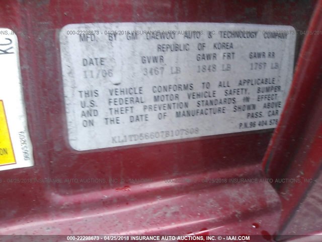 KL1TD56607B107808 - 2007 CHEVROLET AVEO LS 红色 照片 9