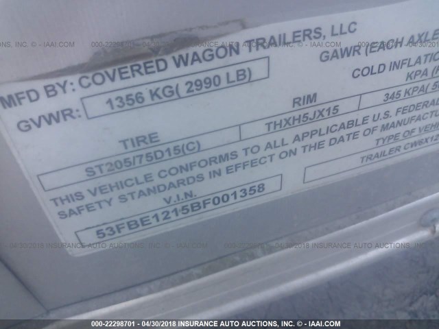53FBE1215BF001358 - 2011 COVERED WAGON UNKNOWN  SILVER photo 9