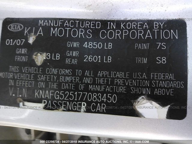 KNAFG525177083450 - 2007 KIA RONDO LX/EX SILVER photo 9