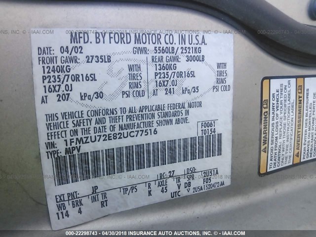 1FMZU72E82UC77516 - 2002 FORD EXPLORER XLS SILVER photo 9