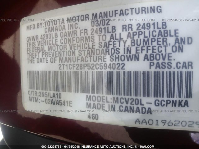 2T1CF28P52C594022 - 2002 TOYOTA CAMRY SOLARA SE/SLE წითელი ფოტო 9