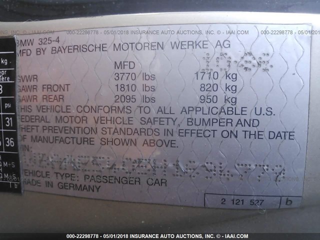 WBAAE5405H1694779 - 1987 BMW 325 E BEIGE photo 9