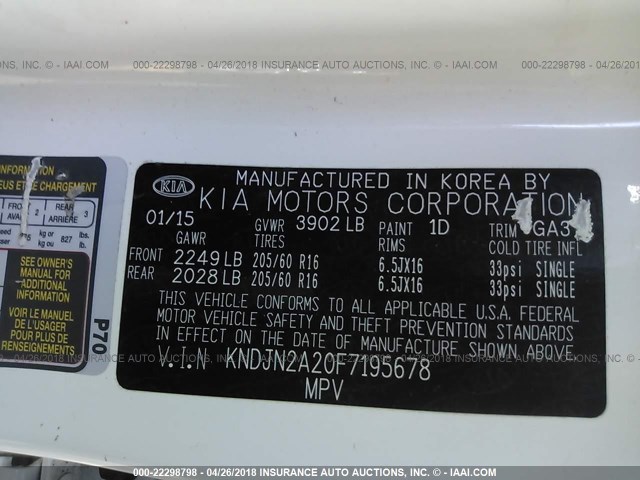 KNDJN2A20F7195678 - 2015 KIA SOUL WHITE photo 9