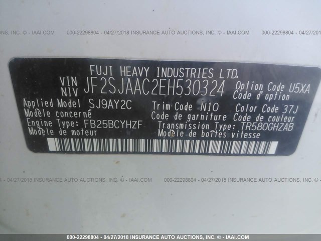 JF2SJAAC2EH530324 - 2014 SUBARU FORESTER 2.5I WHITE photo 9