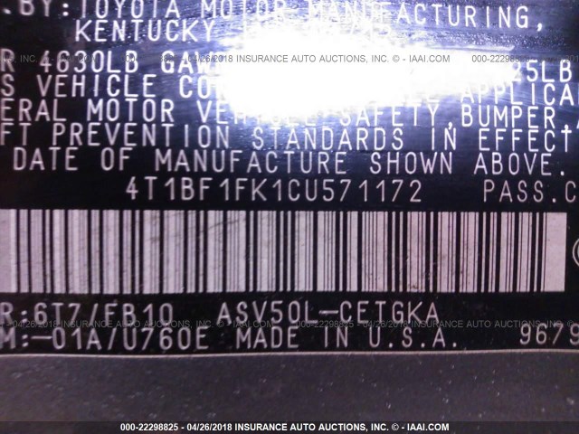 4T1BF1FK1CU571172 - 2012 TOYOTA CAMRY SE/LE/XLE 灰色 照片 9