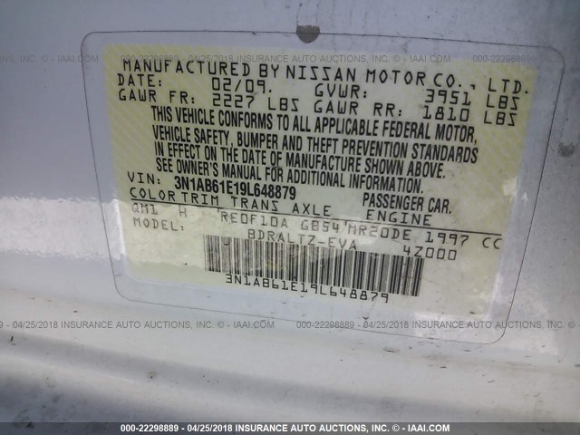 3N1AB61E19L648879 - 2009 NISSAN SENTRA 2.0/2.0S/2.0SL WHITE photo 9