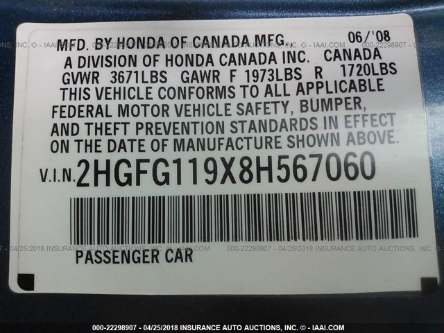 2HGFG119X8H567060 - 2008 HONDA CIVIC EXL BLUE photo 9